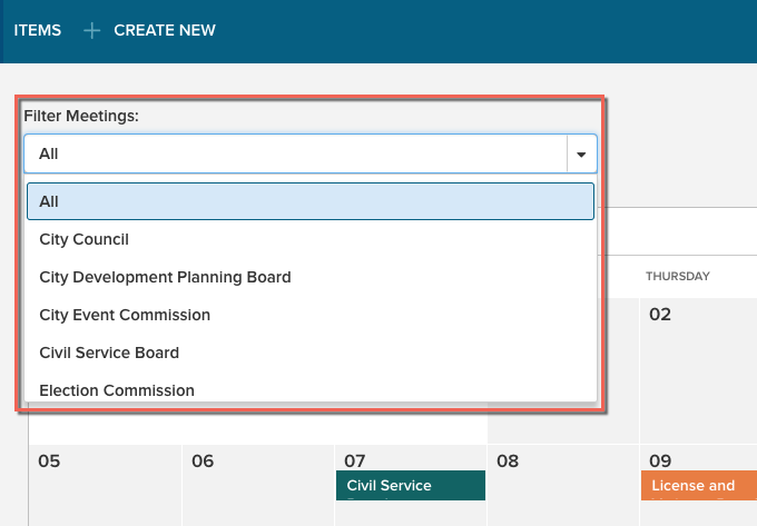 filter meetings drop-down