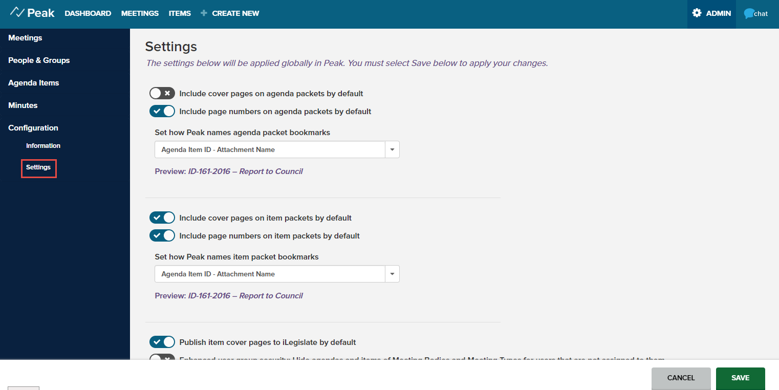 site settings page