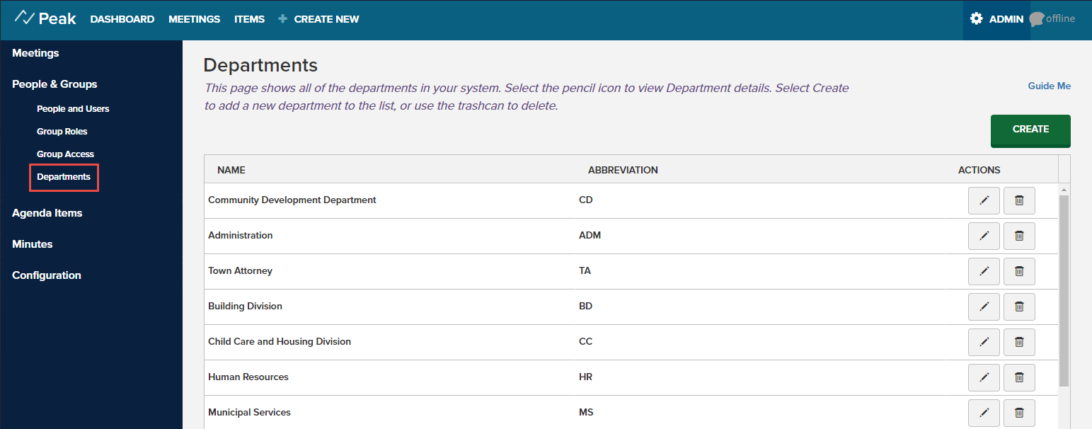 departments menu selection