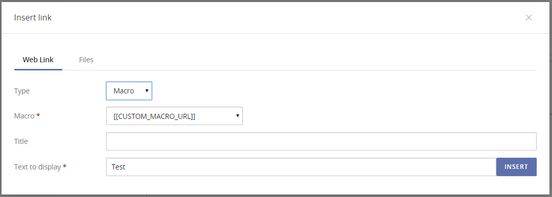 Insert link dialog box with macro selected as URL type and option to choose your macro