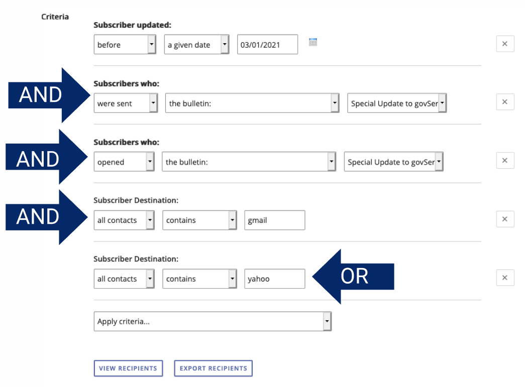 Filtering with multiple criteria including subscriber destination