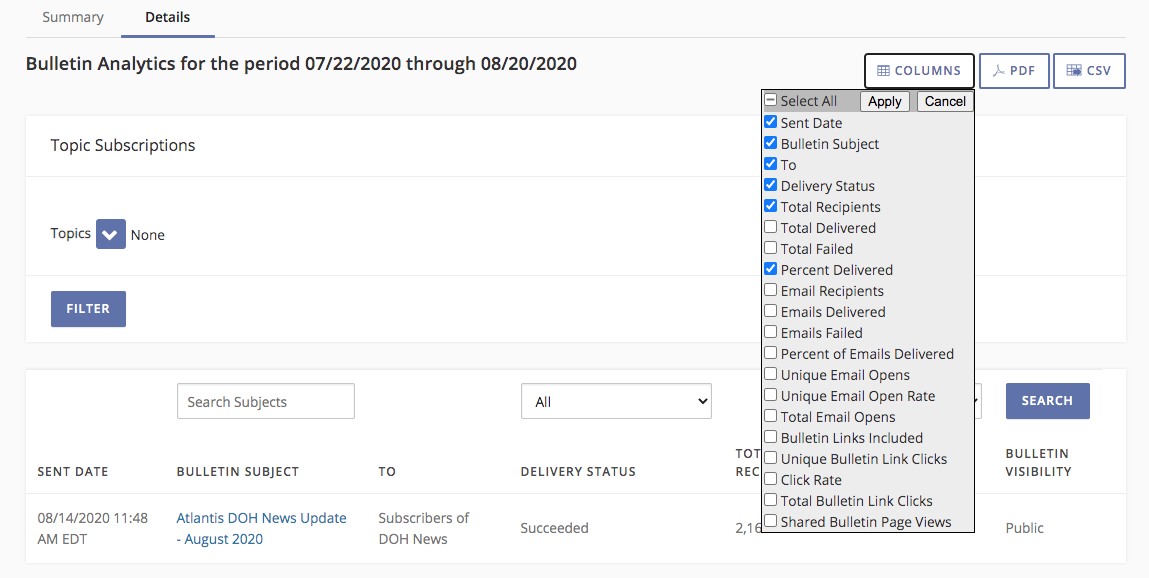 Selecting columns to display for the Bulletin Analytics Report