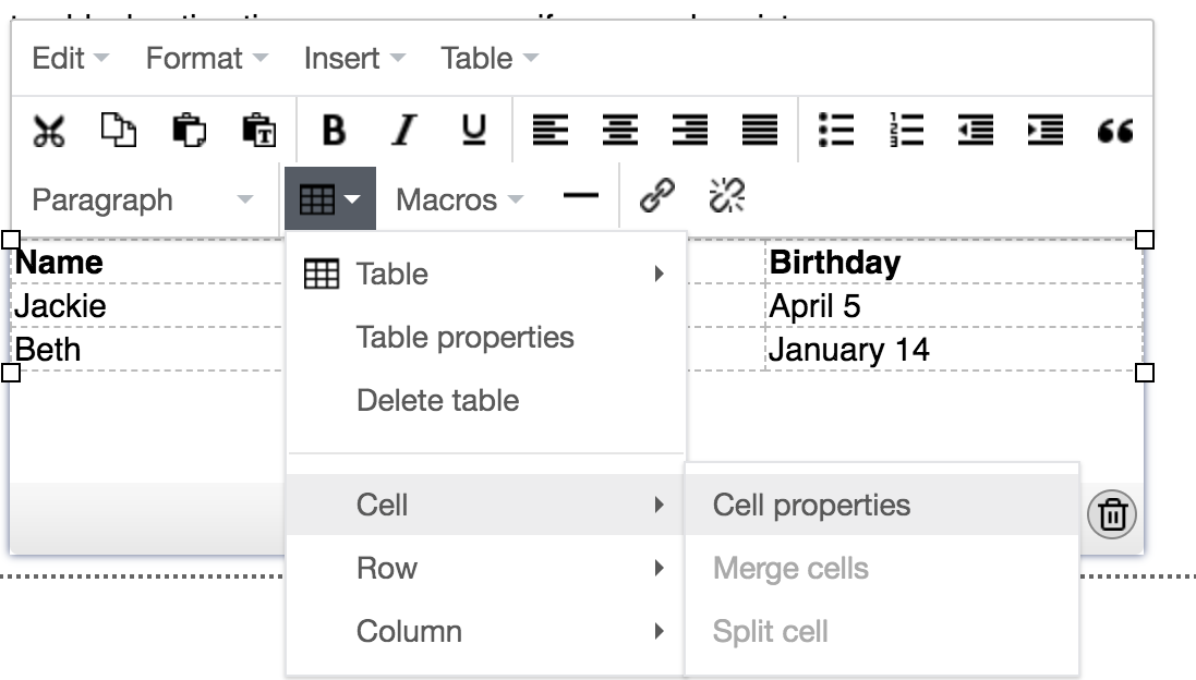 Opening the Table > Cell > Cell Properties settings within a bulletin text block